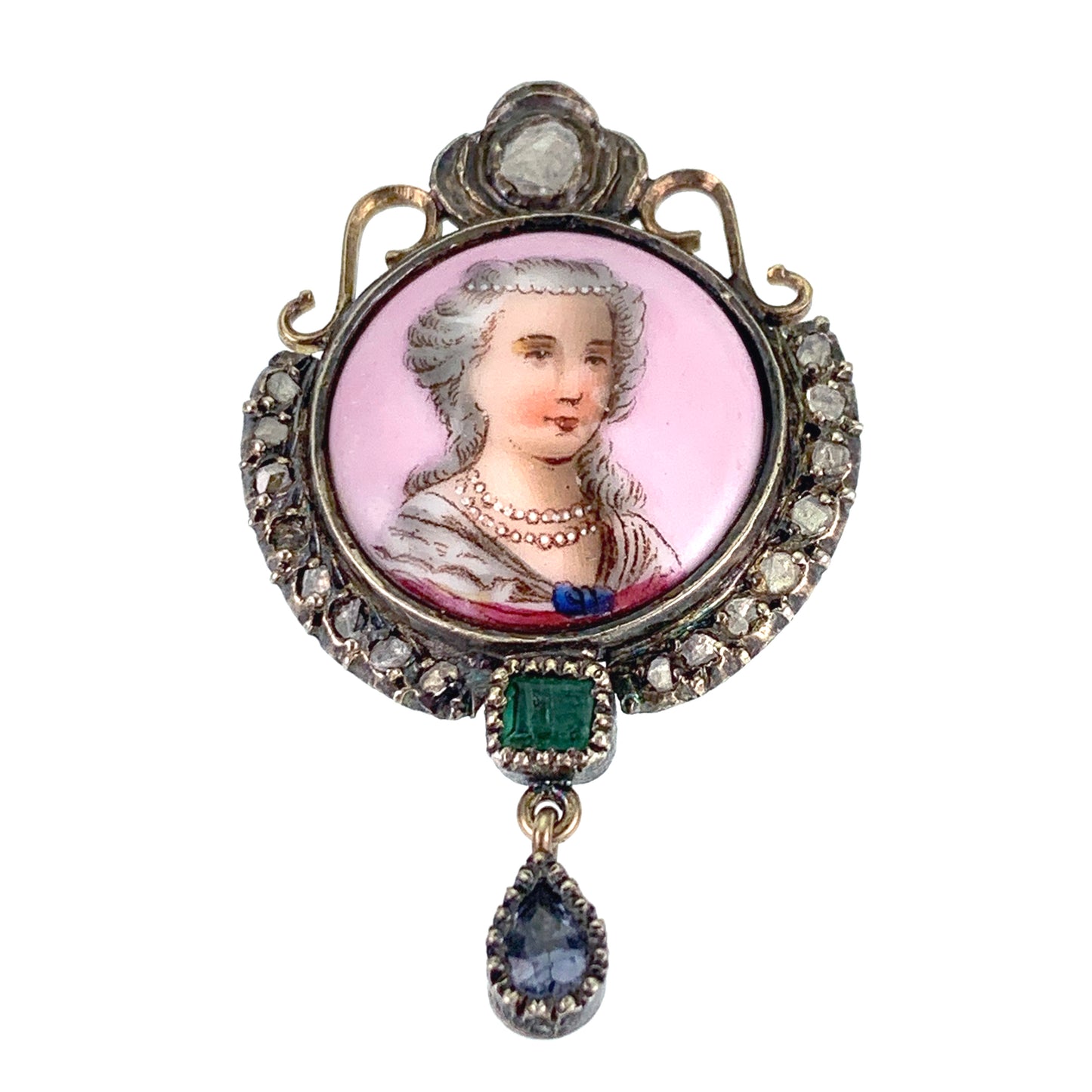 Antique 18K, Silver, Diamond, Emerald, Topaz & Hand Painted Enamel Portrait Brooch