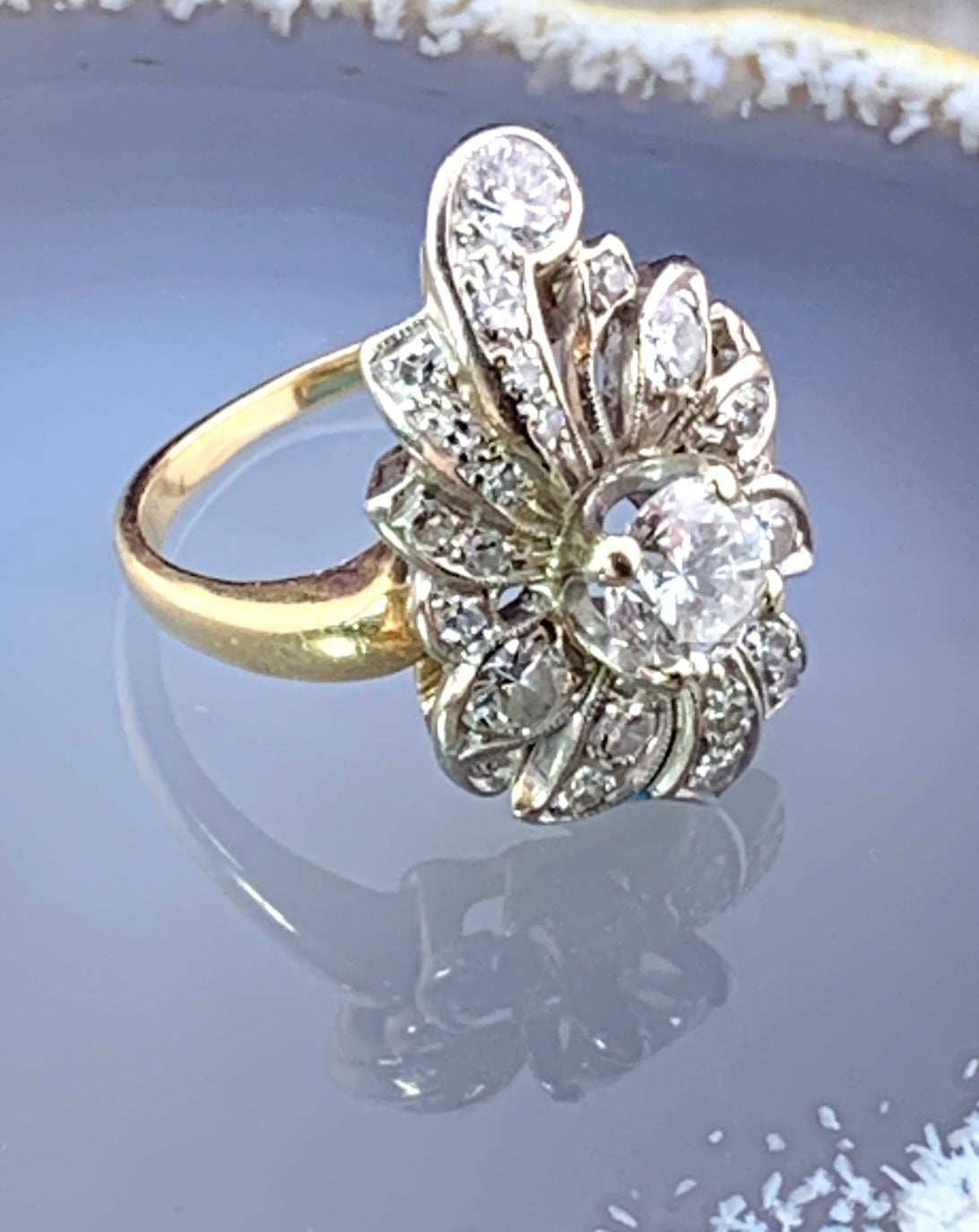 Vintage 14K & Diamond Floral Cocktail Ring