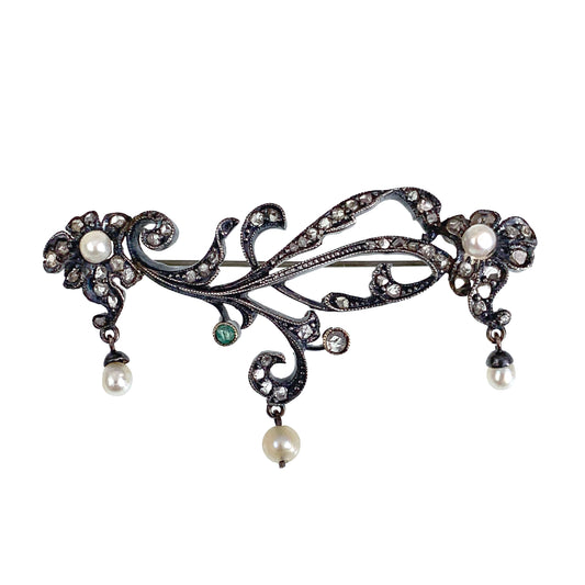 SOLD Antique 10K, Silver, Diamond, Emerald & Pearl Brooch