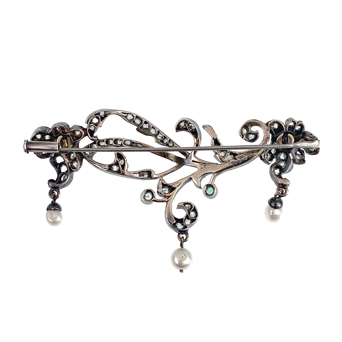SOLD Antique 10K, Silver, Diamond, Emerald & Pearl Brooch