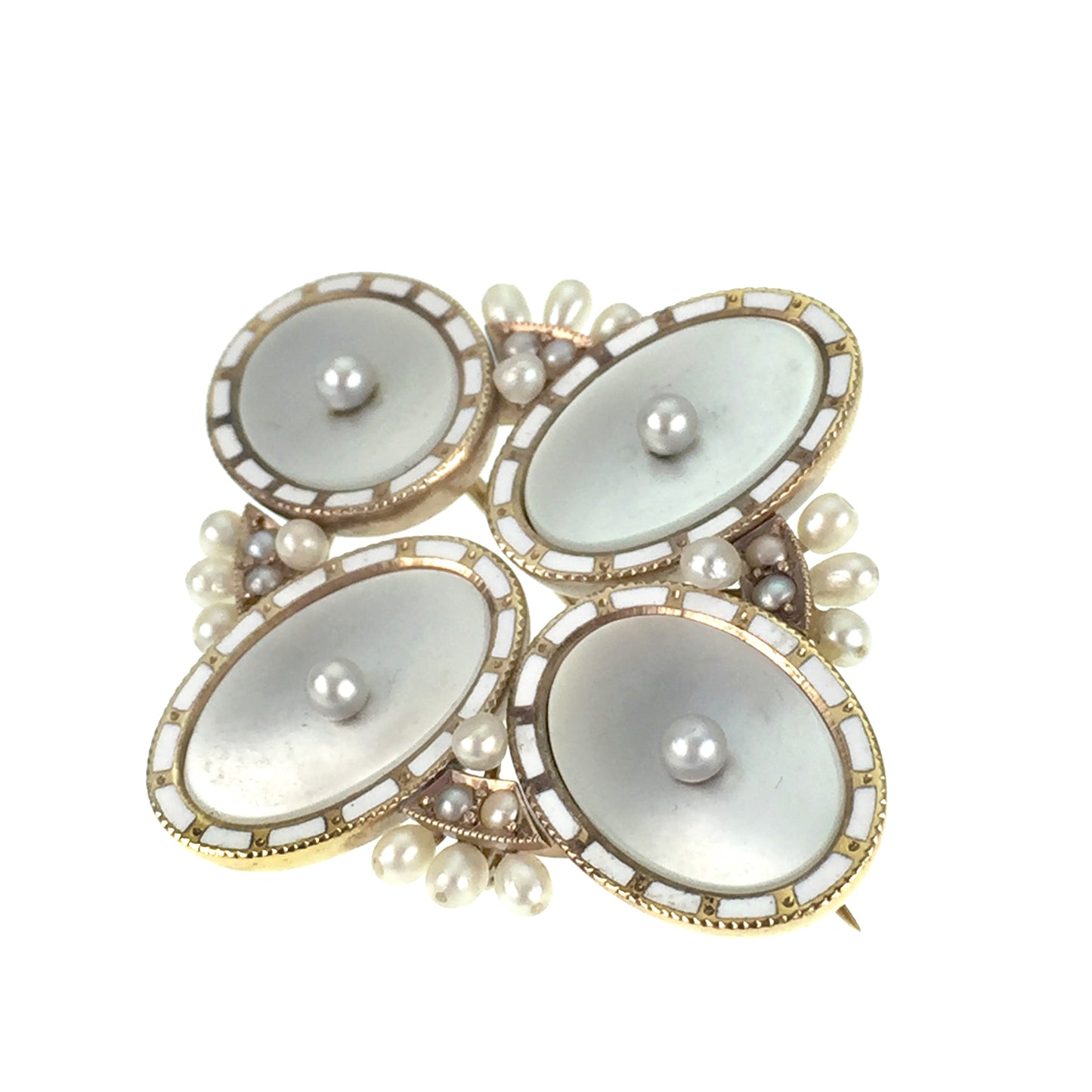 Antique 12K, Pearl, Mother Of Pearl & Enamel Brooch