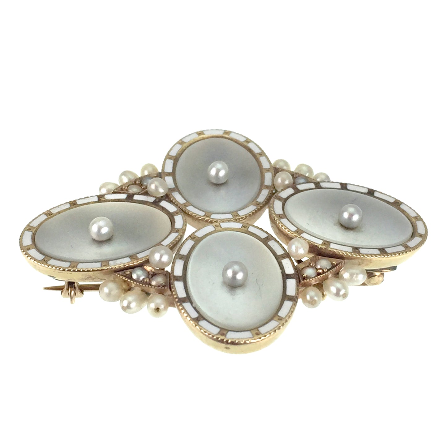 Antique 12K, Pearl, Mother Of Pearl & Enamel Brooch