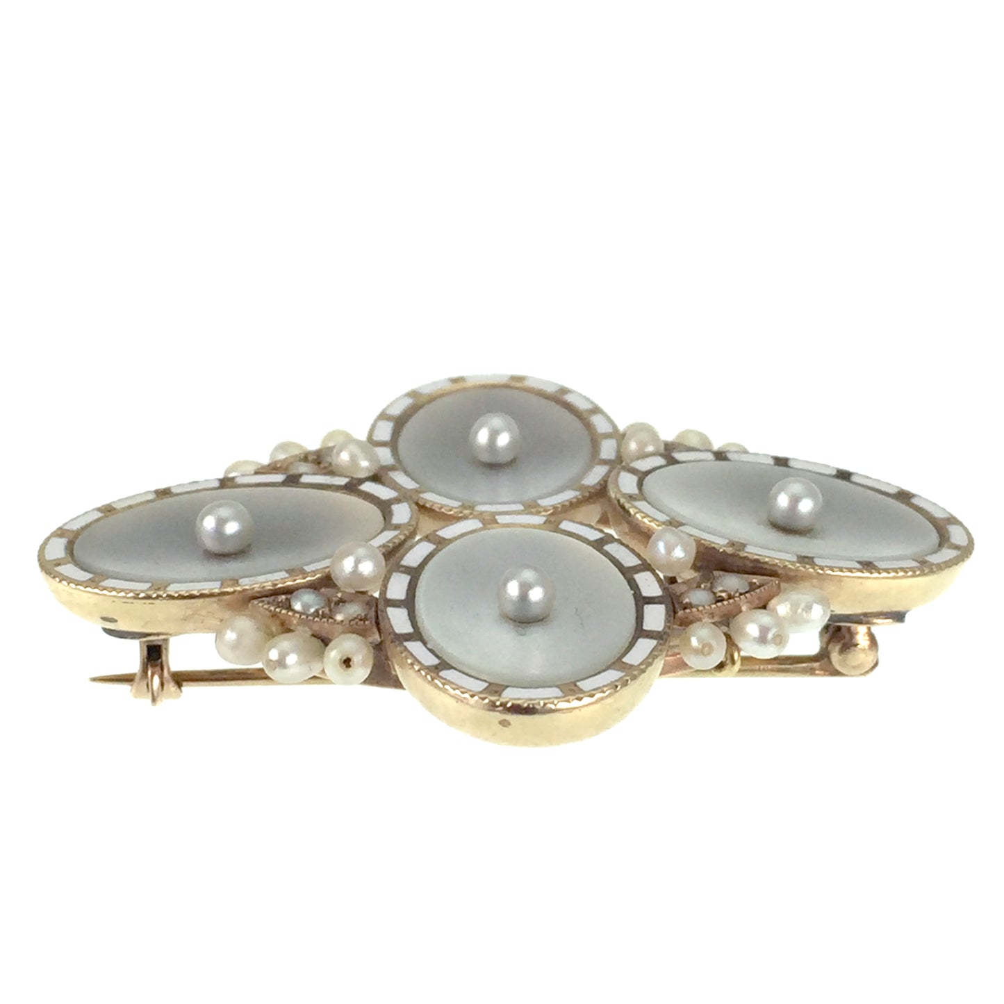 Antique 12K, Pearl, Mother Of Pearl & Enamel Brooch
