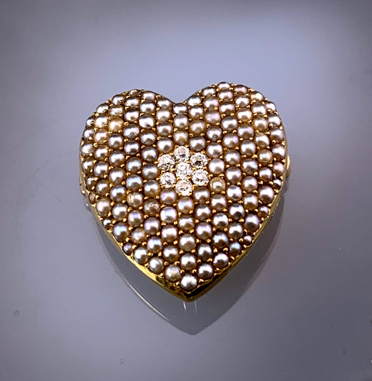 SOLD Antique 14K, Seed Pearl & Diamond Heart Brooch/Pendant