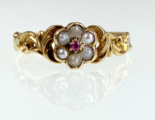 SOLD Antique 18K, Ruby & Pearl Forget Me Not Ring