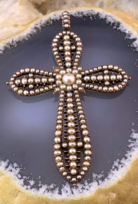 SOLD Antique French 18K & Natural Pearl Cross Pendant