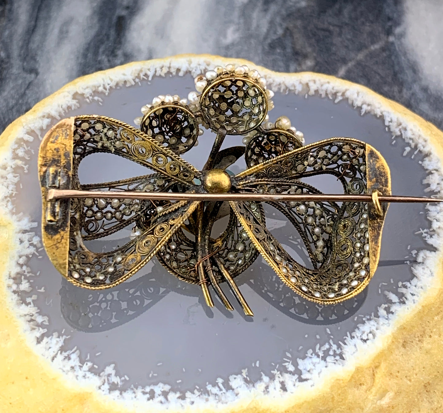 Antique 10K & Seed Pearl Floral Bow Brooch