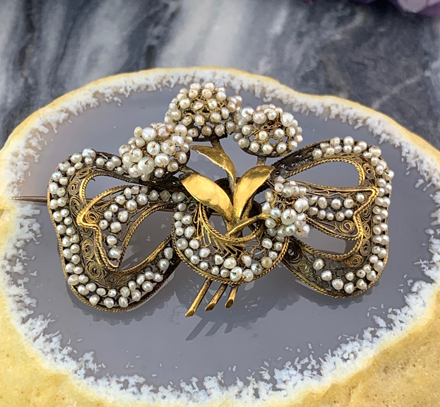 Antique 10K & Seed Pearl Floral Bow Brooch