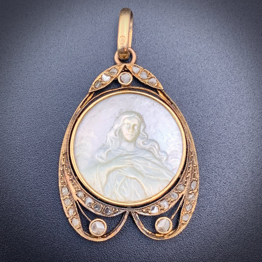 SOLD Antique 18K, Diamond & Mother Of Pearl St. Mary Pendant