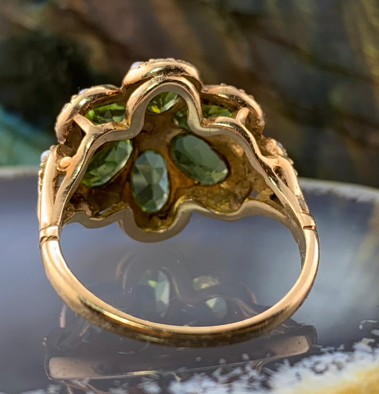 Vintage 9K, Peridot, Selenite & Seed Pearl Cocktail Ring