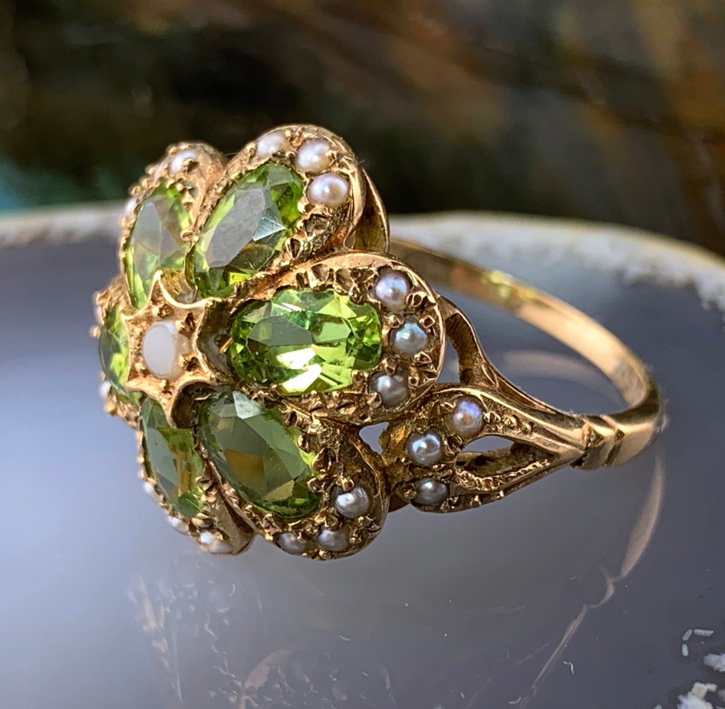 Vintage 9K, Peridot, Selenite & Seed Pearl Cocktail Ring