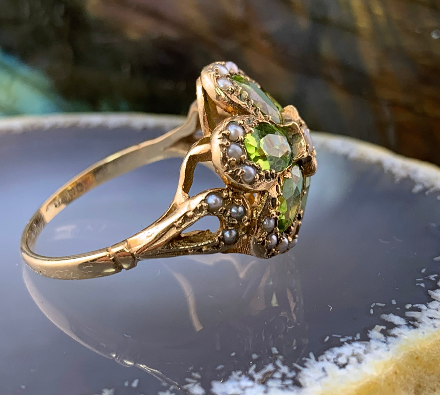 Vintage 9K, Peridot, Selenite & Seed Pearl Cocktail Ring