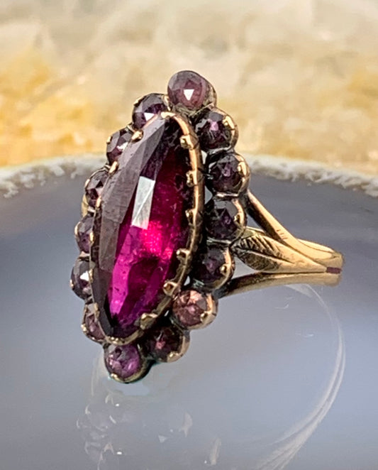 SOLD Antique French 18K & Perpignan Garnet Navette Ring