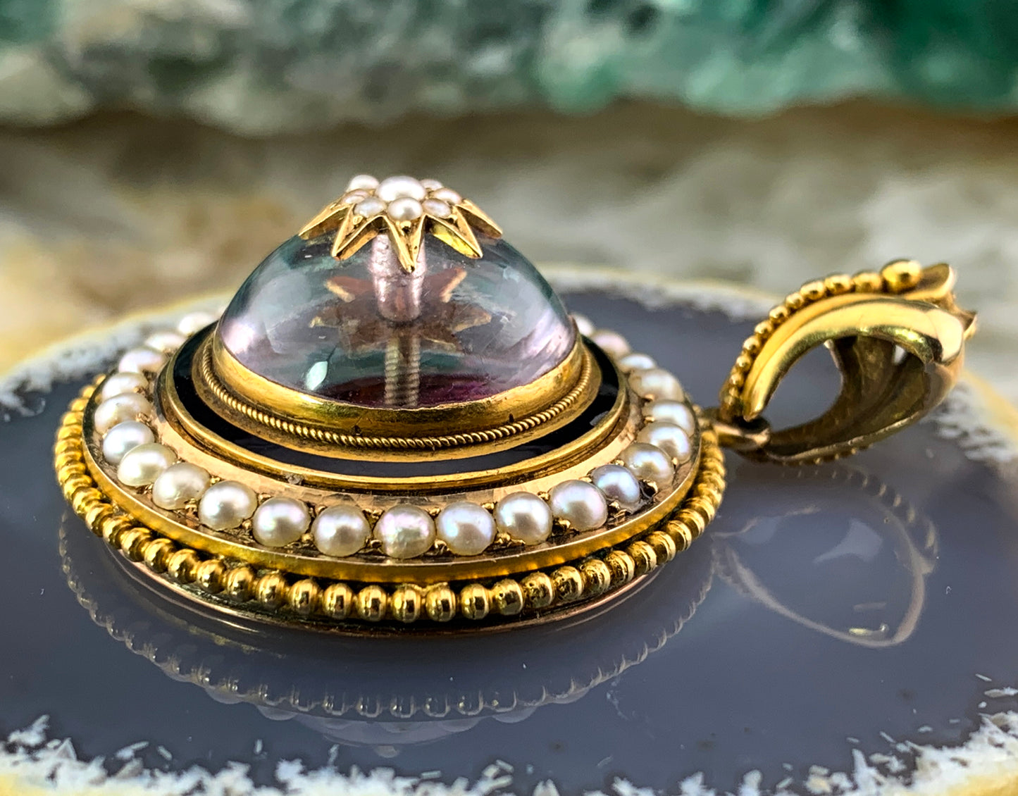 SOLD Antique 12K, Pearl & Foiled Quartz Locket Back Pendant