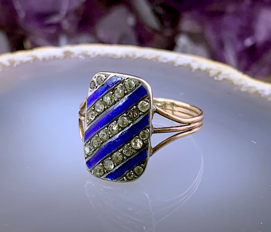 SOLD Antique French 18K, Silver, Enamel & Diamond Paste Plaque Ring