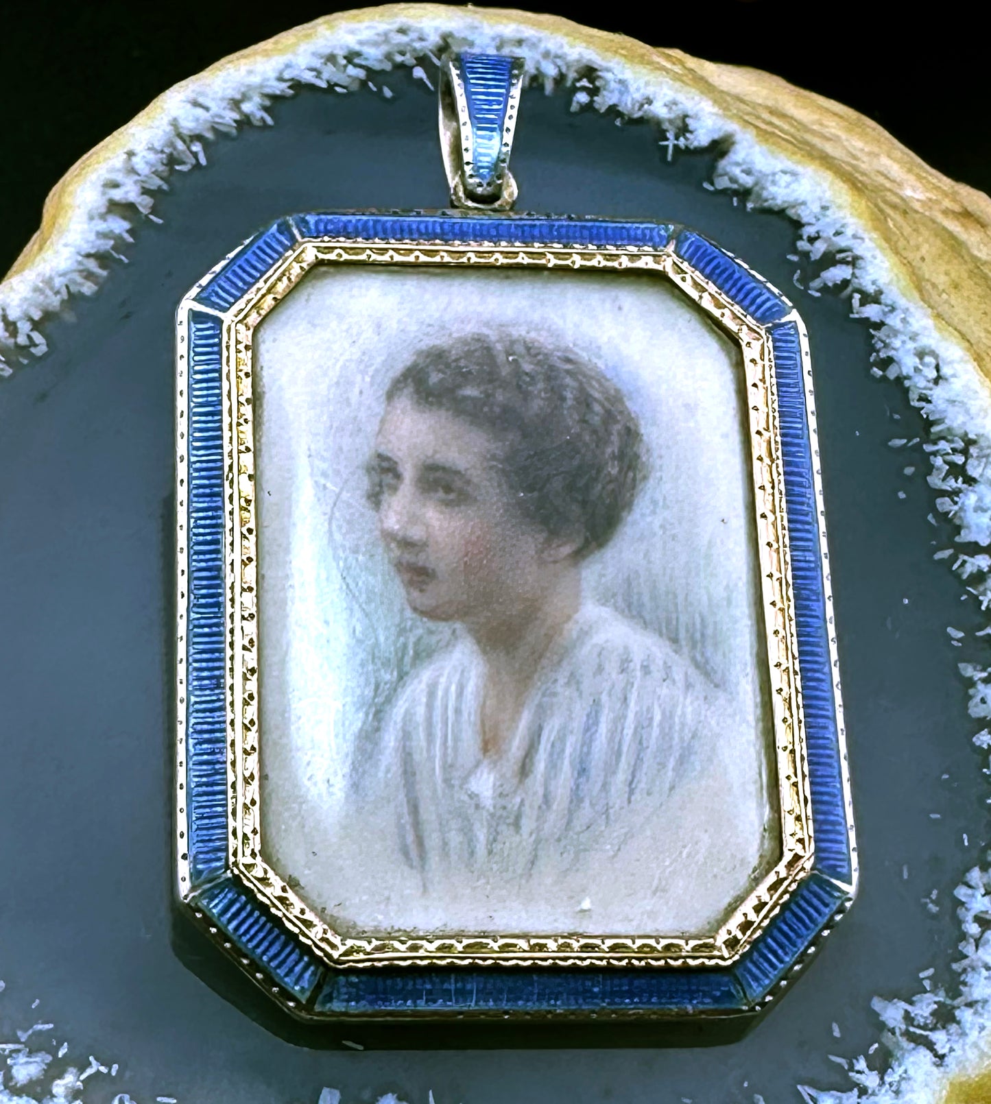 Sold Antique Silver & Gold, White & Blue Guilloche Enamel Portrait / Angel Pendant