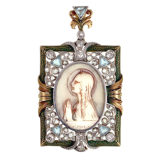 Vintage Art Deco 18K, Diamond, Paste & Celluloid St. Mary Pendant