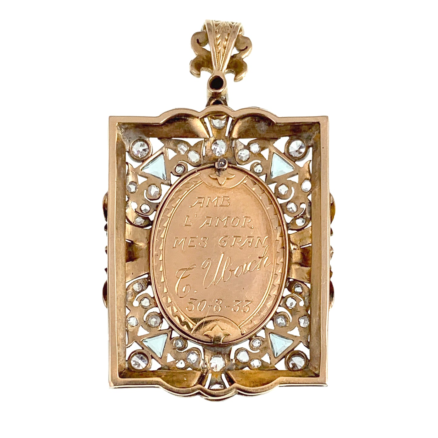 Vintage Art Deco 18K, Diamond, Paste & Celluloid St. Mary Pendant