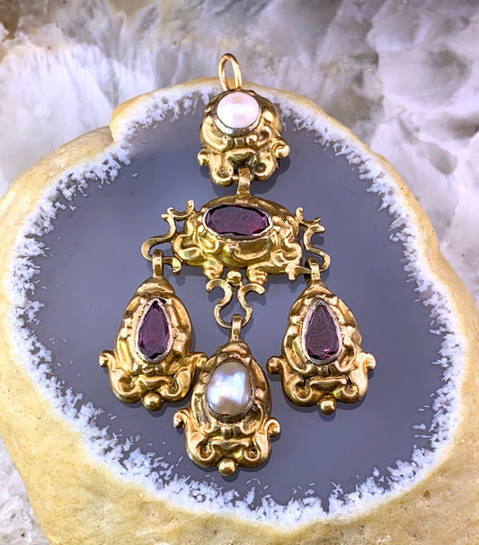 Sold Antique 18th C. French 18K Vermeil, Garnet & Pearl Converted Earring Pendant