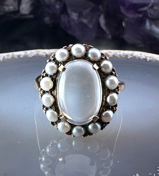 SOLD Antique 9K, Moonstone & Pearl Ring