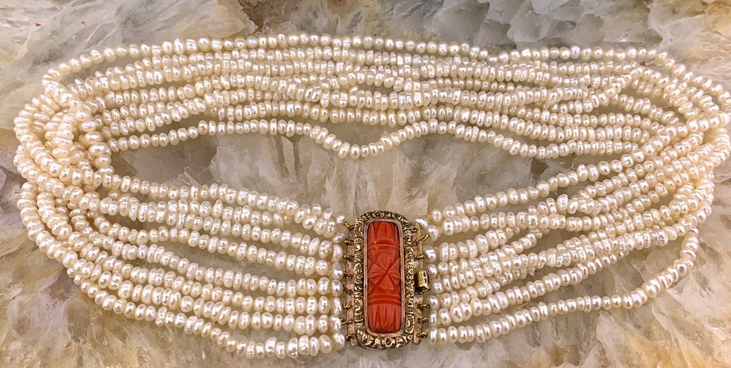 Antique 12K, Coral & Pearl Choker Necklace