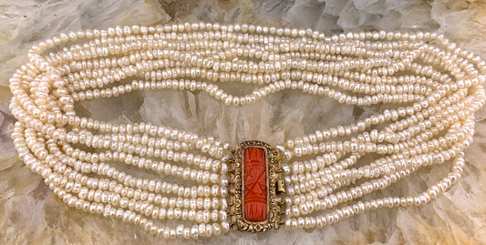 SOLD Antique 12K, Coral & Pearl Choker Necklace