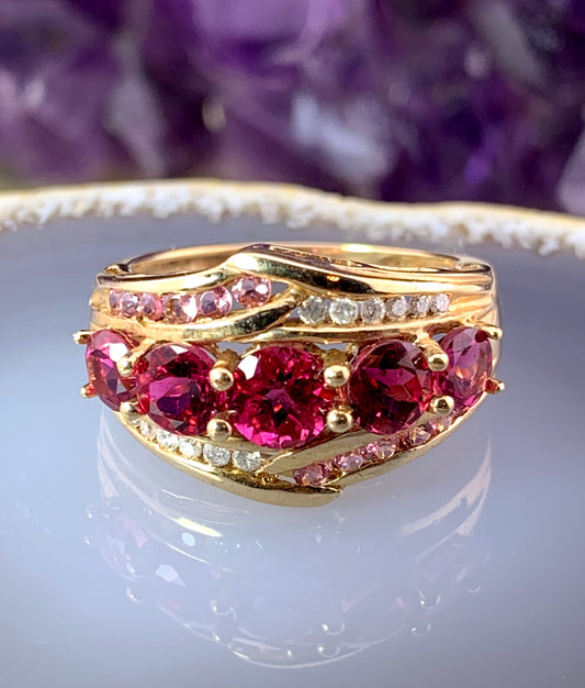 SOLD Vintage 18K, Red Tourmaline & Pink Diamond Ring