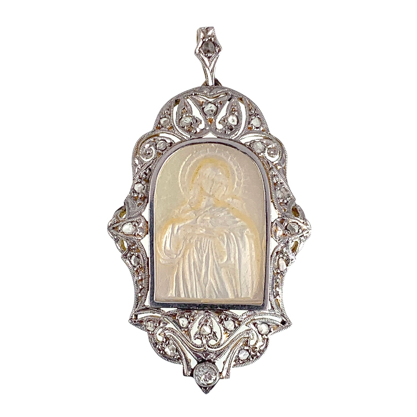 SOLD Art Deco 18K, Platinum, Diamond & Mother Of Pearl Saint Mary Pendant