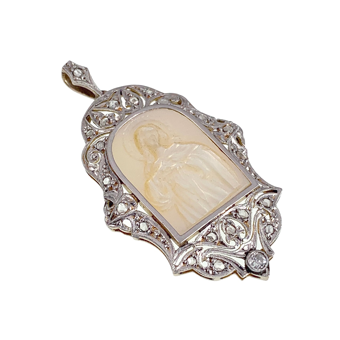 SOLD Art Deco 18K, Platinum, Diamond & Mother Of Pearl Saint Mary Pendant