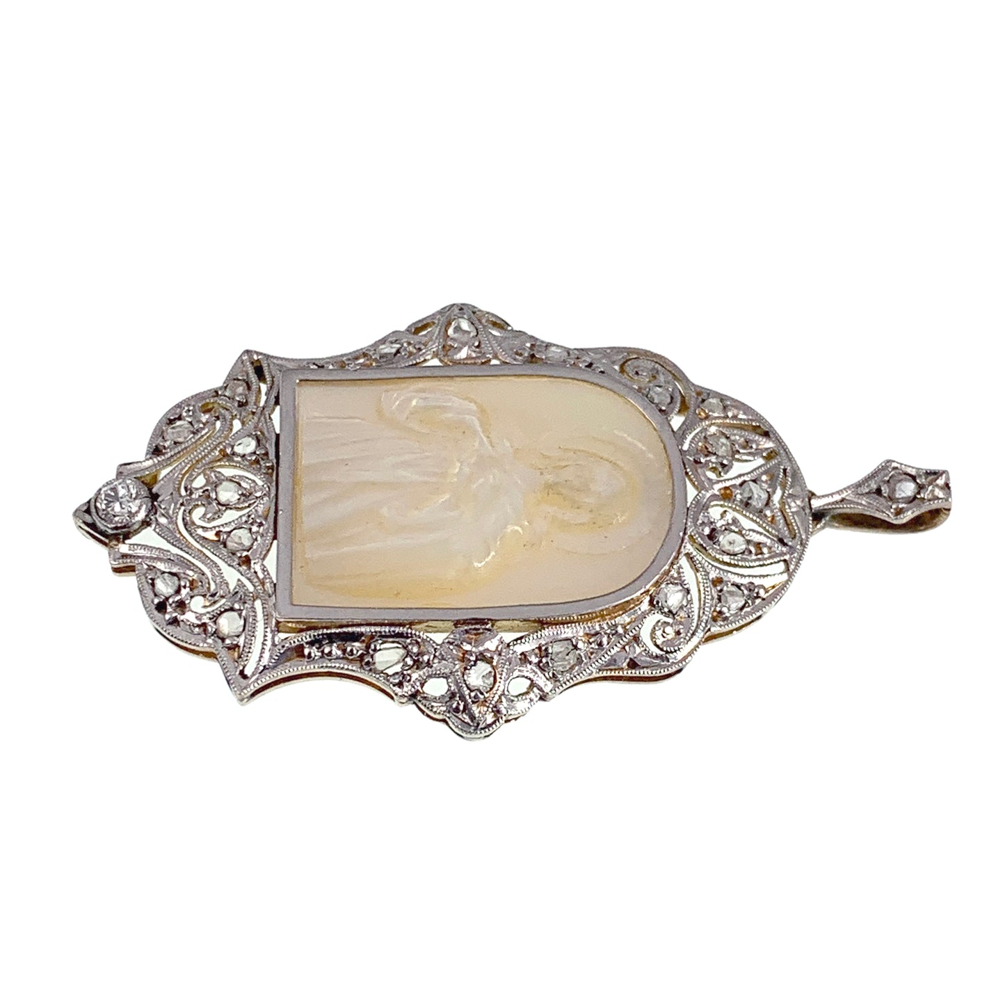 SOLD Art Deco 18K, Platinum, Diamond & Mother Of Pearl Saint Mary Pendant