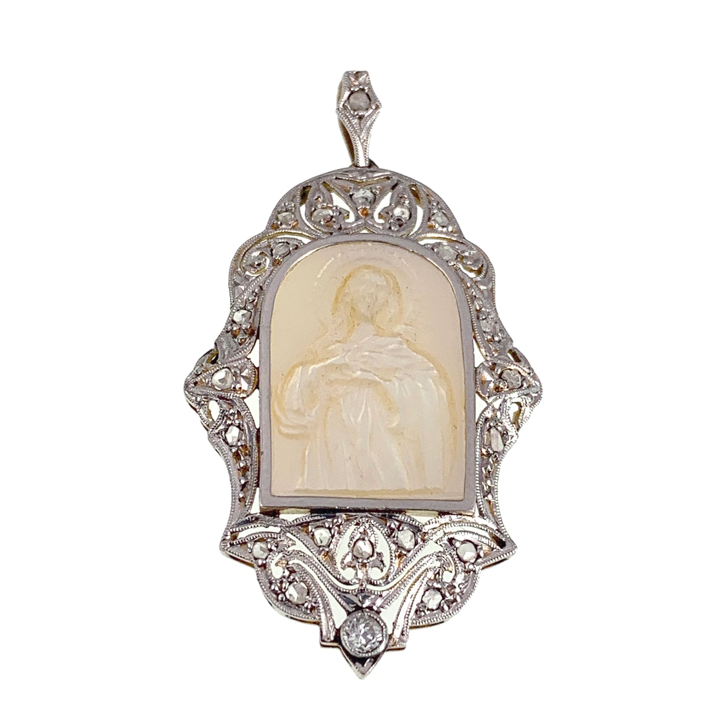 SOLD Art Deco 18K, Platinum, Diamond & Mother Of Pearl Saint Mary Pendant