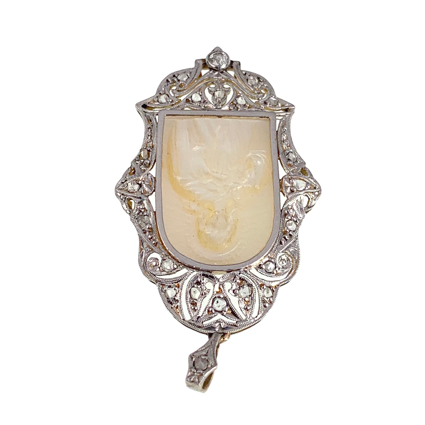 SOLD Art Deco 18K, Platinum, Diamond & Mother Of Pearl Saint Mary Pendant