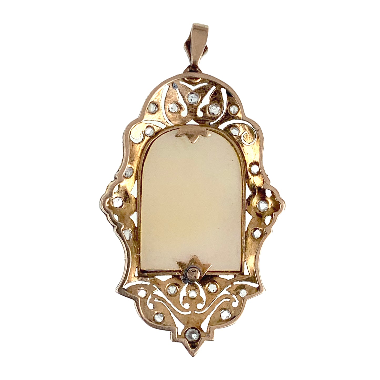 SOLD Art Deco 18K, Platinum, Diamond & Mother Of Pearl Saint Mary Pendant