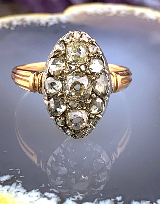 SOLD Antique French 18K, Sterling & Diamond Navette Ring