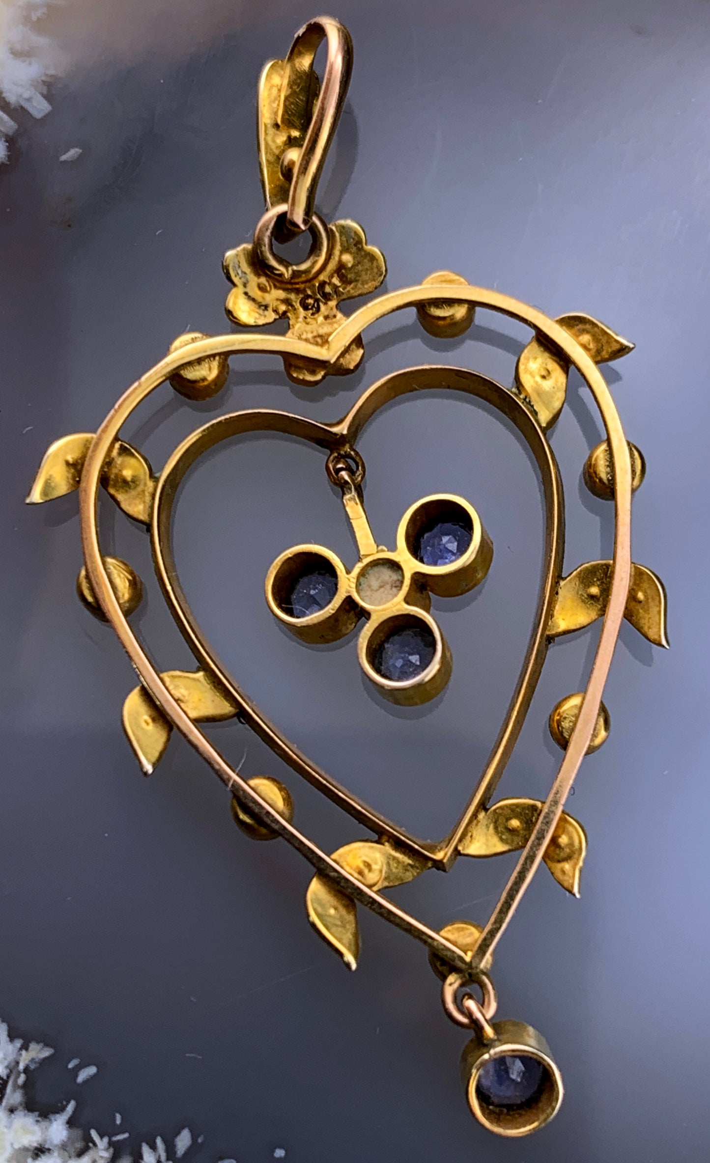 SOLD Antique Late Victorian 9K, Sapphire & Seed Pearl Heart Pendant