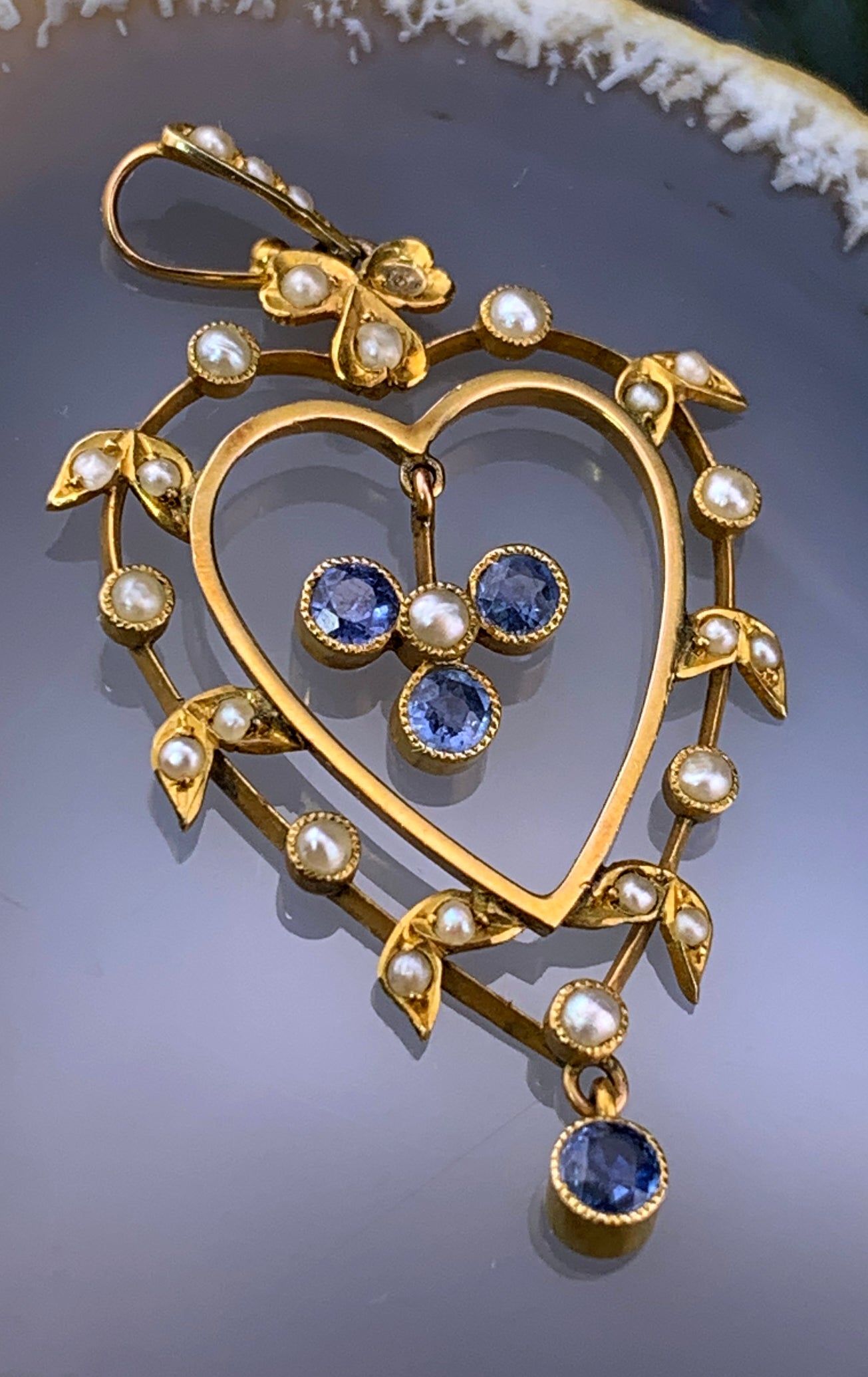 SOLD Antique Late Victorian 9K, Sapphire & Seed Pearl Heart Pendant