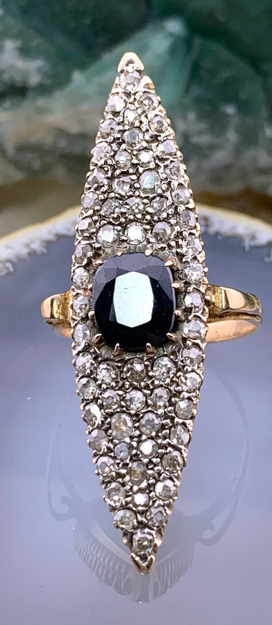 SOLD Antique French 18K, Diamond & Sapphire Navette Ring