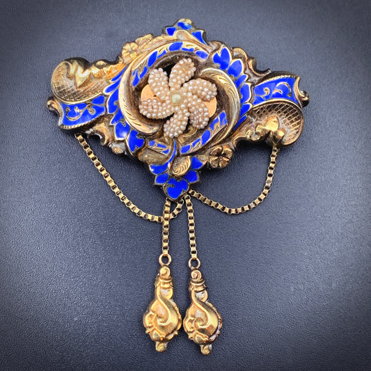 SOLD Antique 14K, Seed Pearl & Enamel Brooch