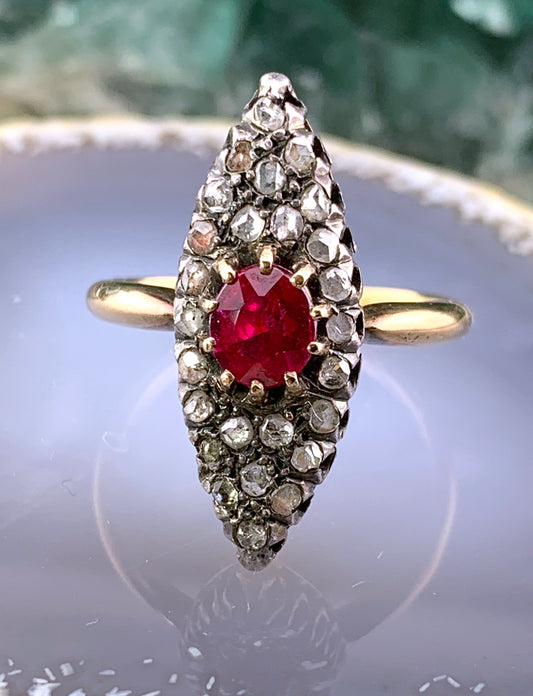 SOLD Antique French 18K, Silver, Diamond & Red Spinel Navette Ring