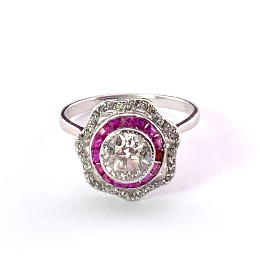 Sold Art Deco 18K, Diamond & Ruby Target Ring