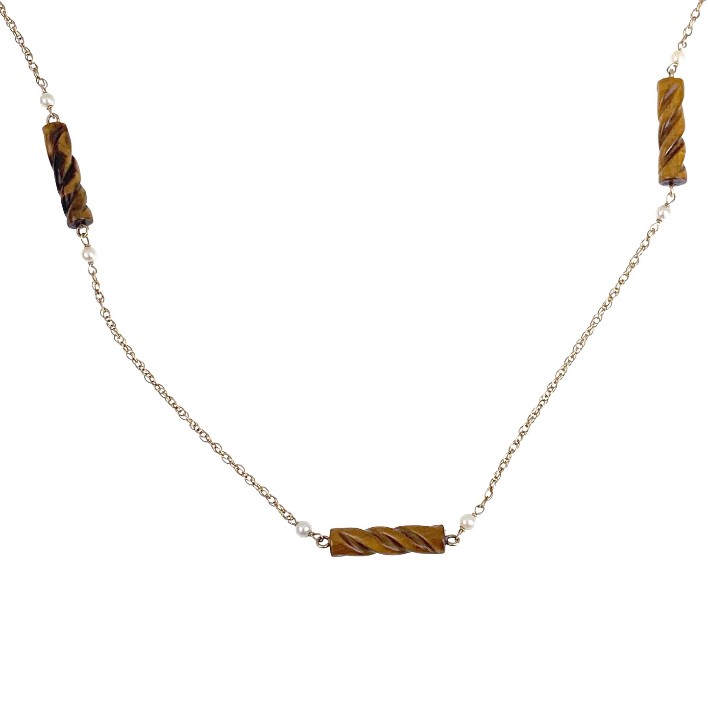 Vintage 14K, Tigers Eye & Pearl Spacer Chain/Necklace
