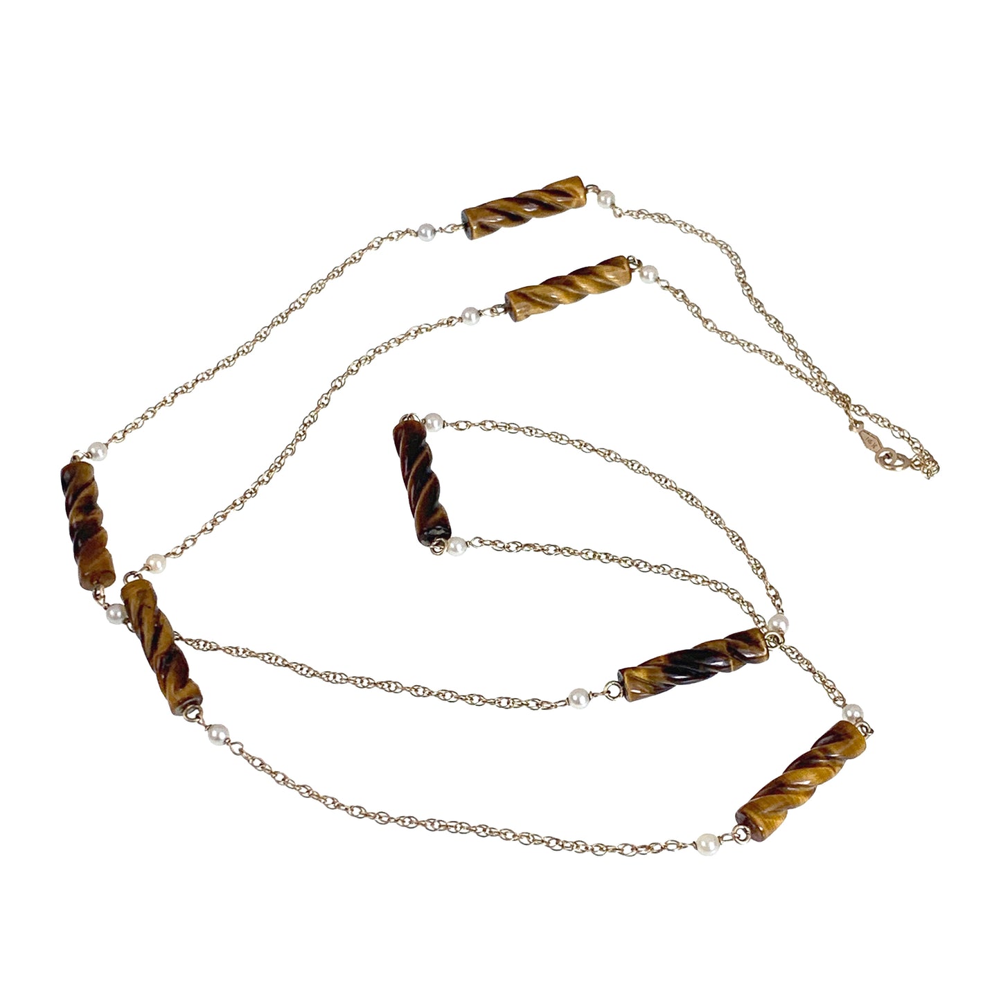 Vintage 14K, Tigers Eye & Pearl Spacer Chain/Necklace