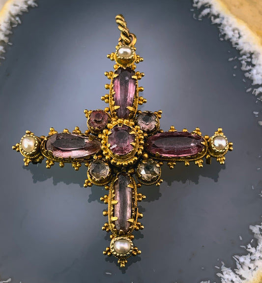 SOLD Antique English 15K, Pink Topaz & Seed Pearl Cross Brooch/Pendant