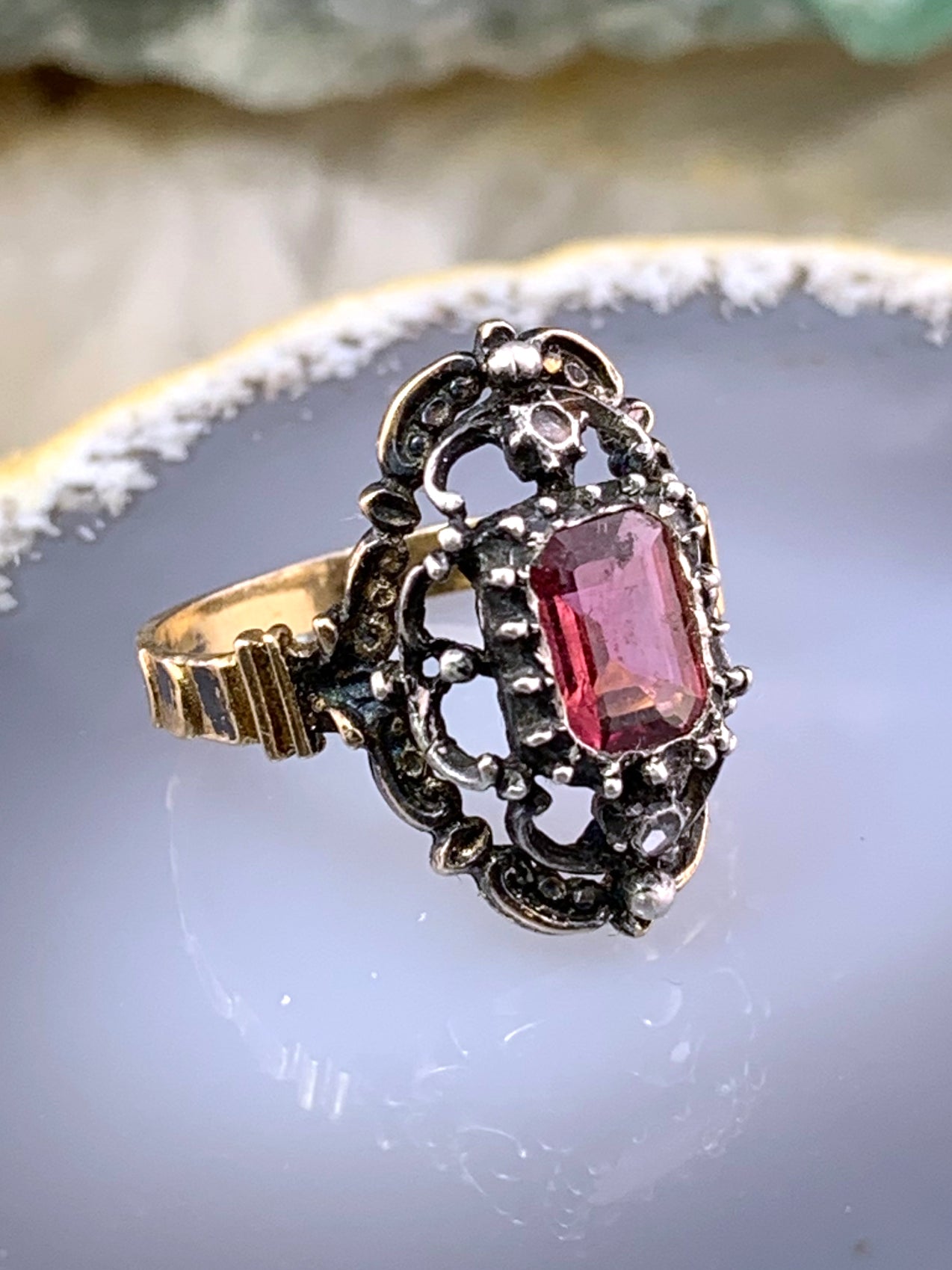 Antique 10K, Silver, Tourmaline & Paste Ring