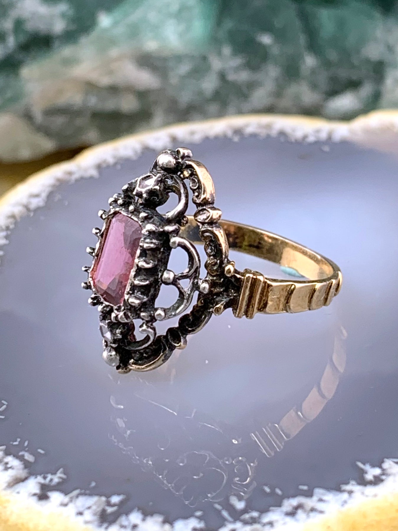 Antique 10K, Silver, Tourmaline & Paste Ring