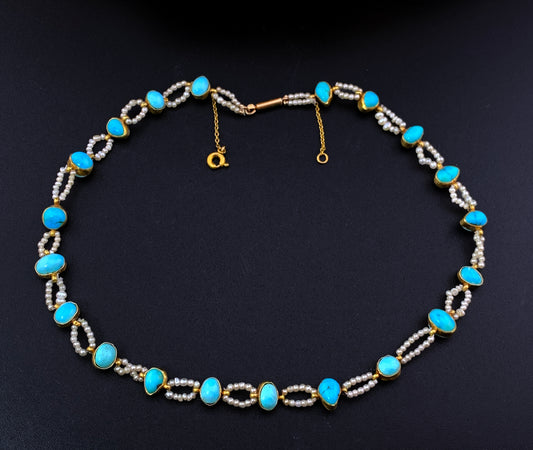 SOLD Antique 18K, Persian Turquoise & Seed Pearl Necklace