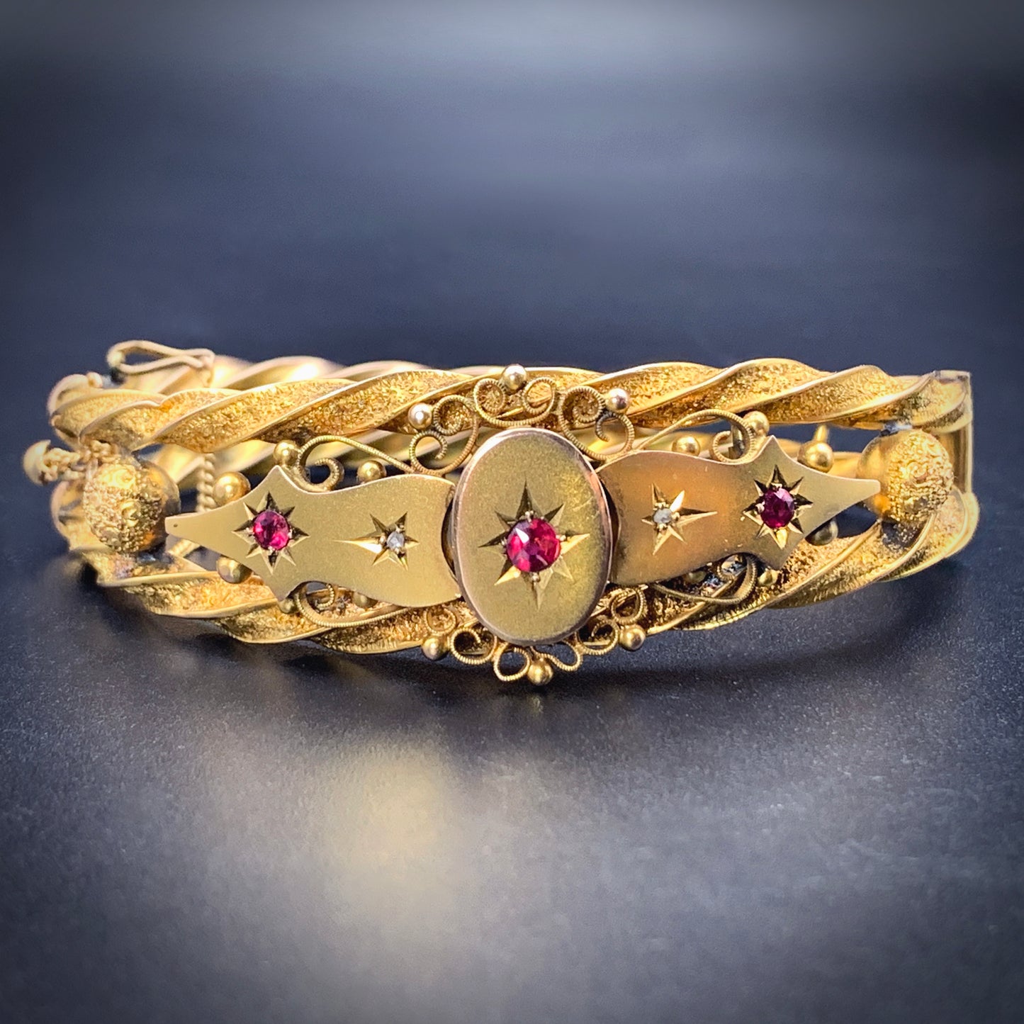 Antique English 9K, Diamond & Garnet Bangle Bracelet