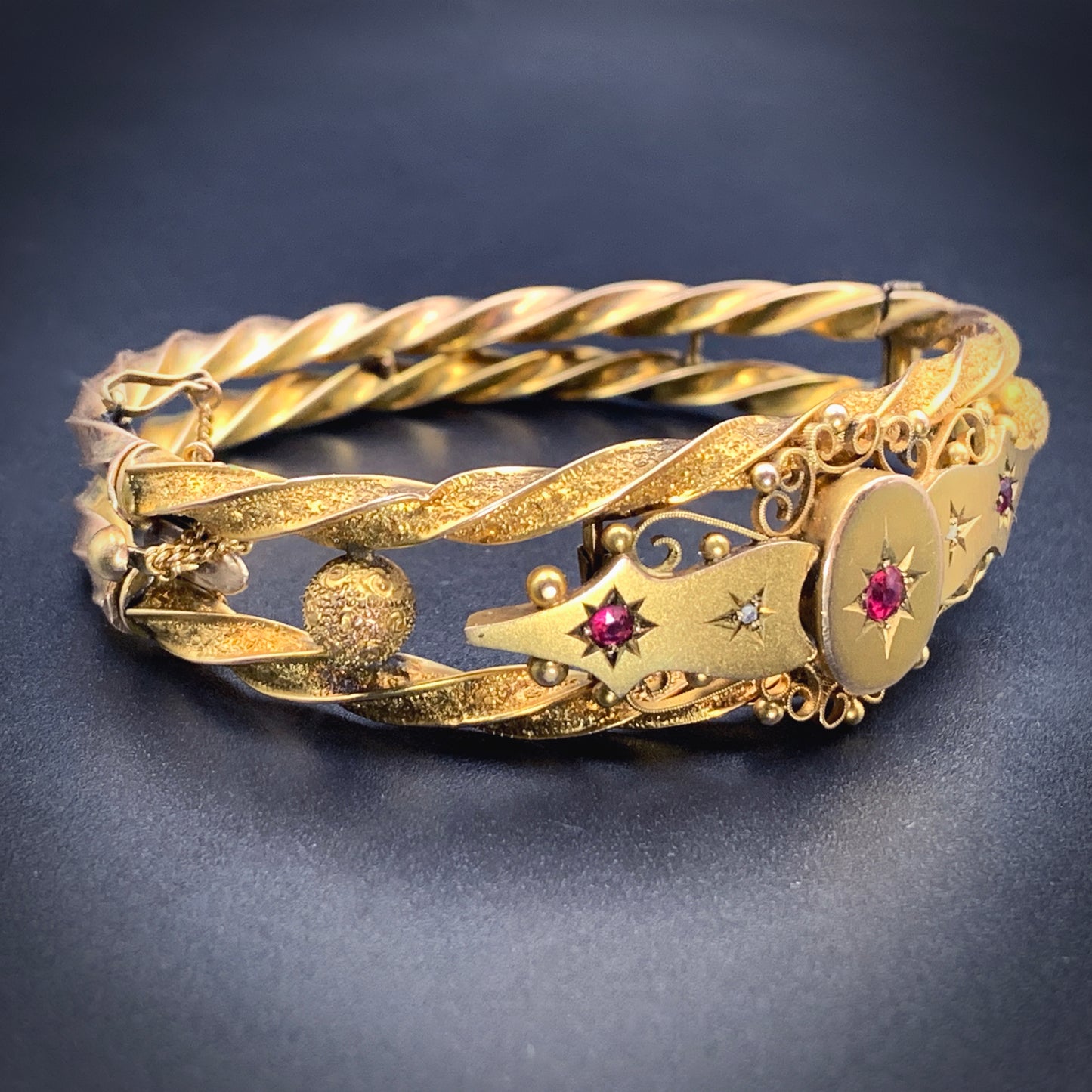 Antique English 9K, Diamond & Garnet Bangle Bracelet