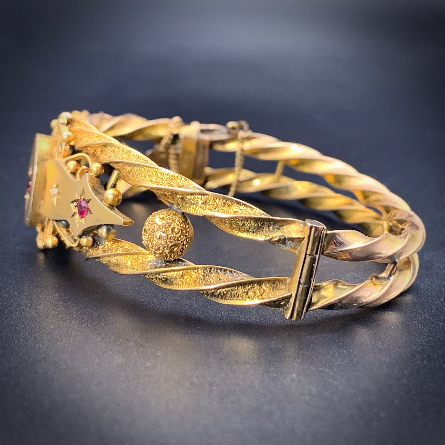 Antique English 9K, Diamond & Garnet Bangle Bracelet