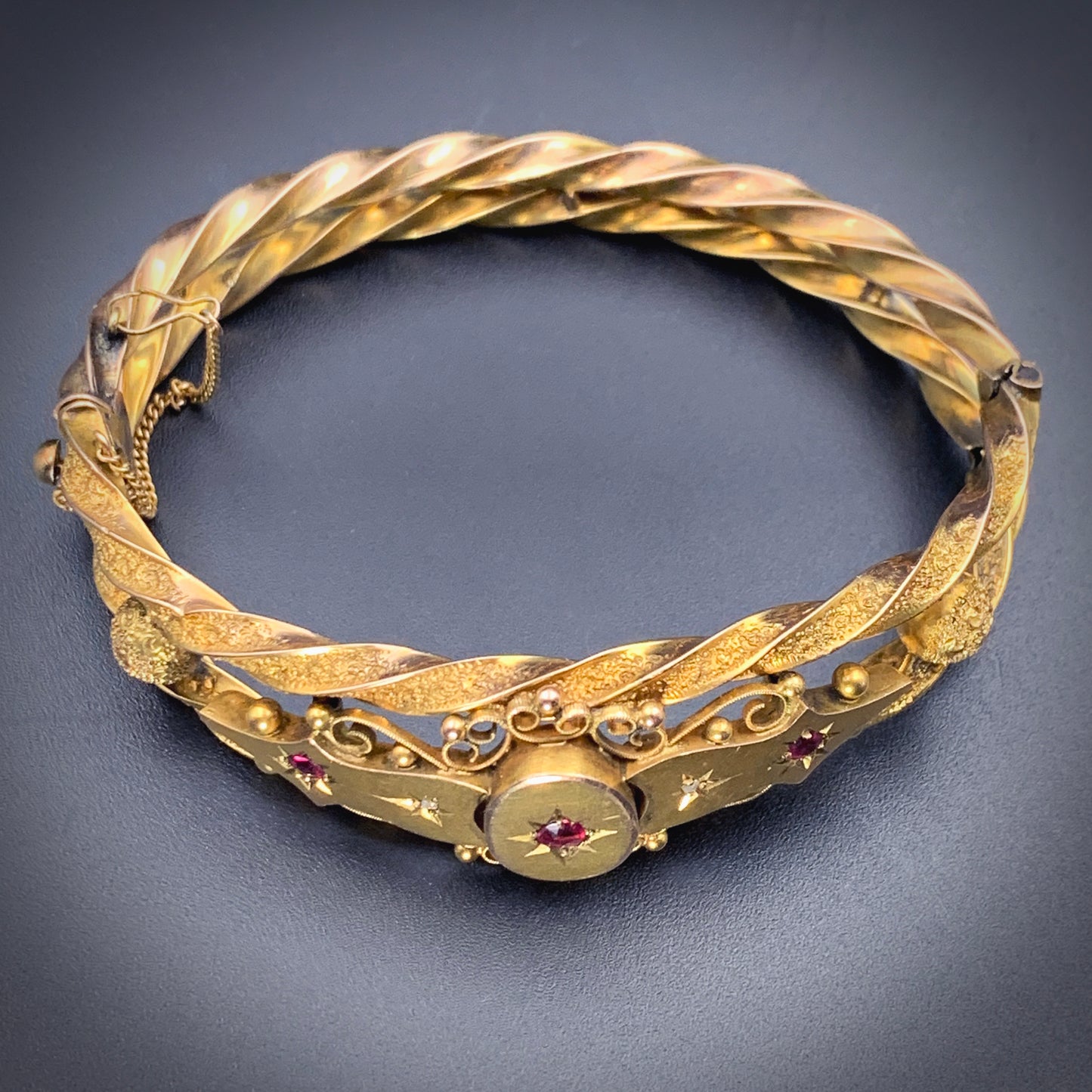 Antique English 9K, Diamond & Garnet Bangle Bracelet